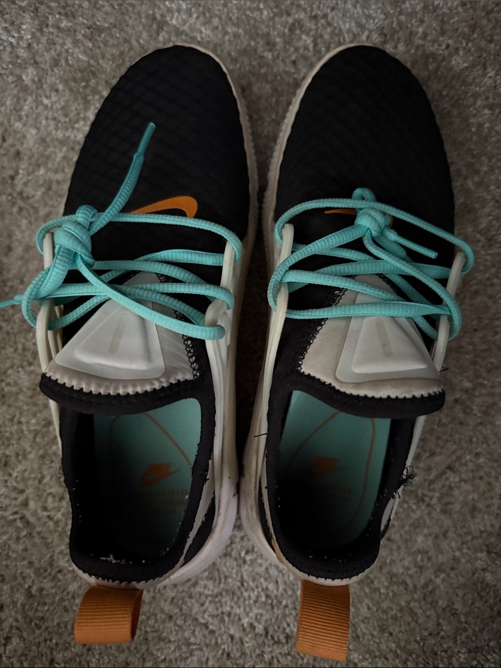 Nike Black Runners with Teal Laces and Orange Swoosh